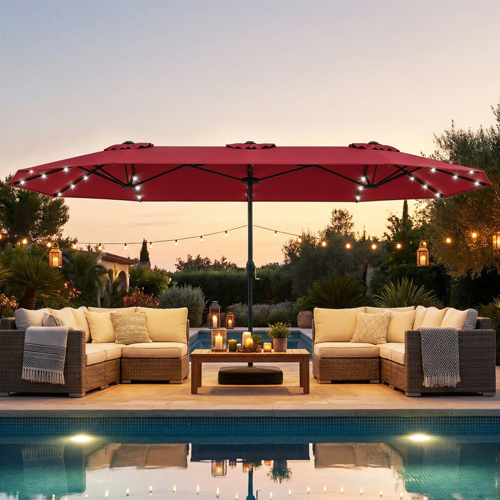 13FT Double-sided Patio Umbrella with Solar Lights for Garden Pool