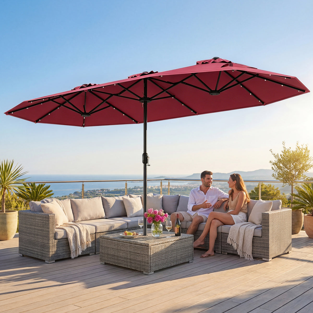13FT Double-sided Patio Umbrella with Solar Lights for Garden Pool