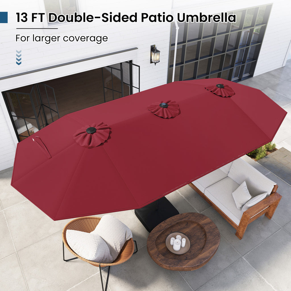 13FT Double-sided Patio Umbrella with Solar Lights for Garden Pool