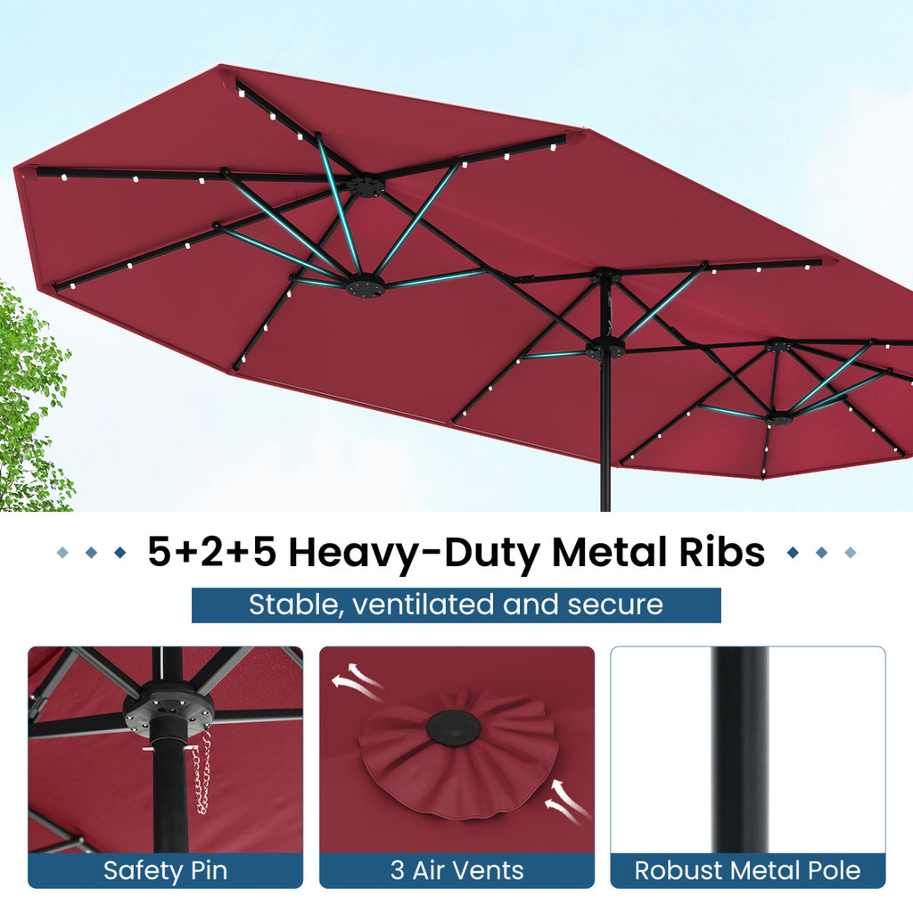 13FT Double-sided Patio Umbrella with Solar Lights for Garden Pool