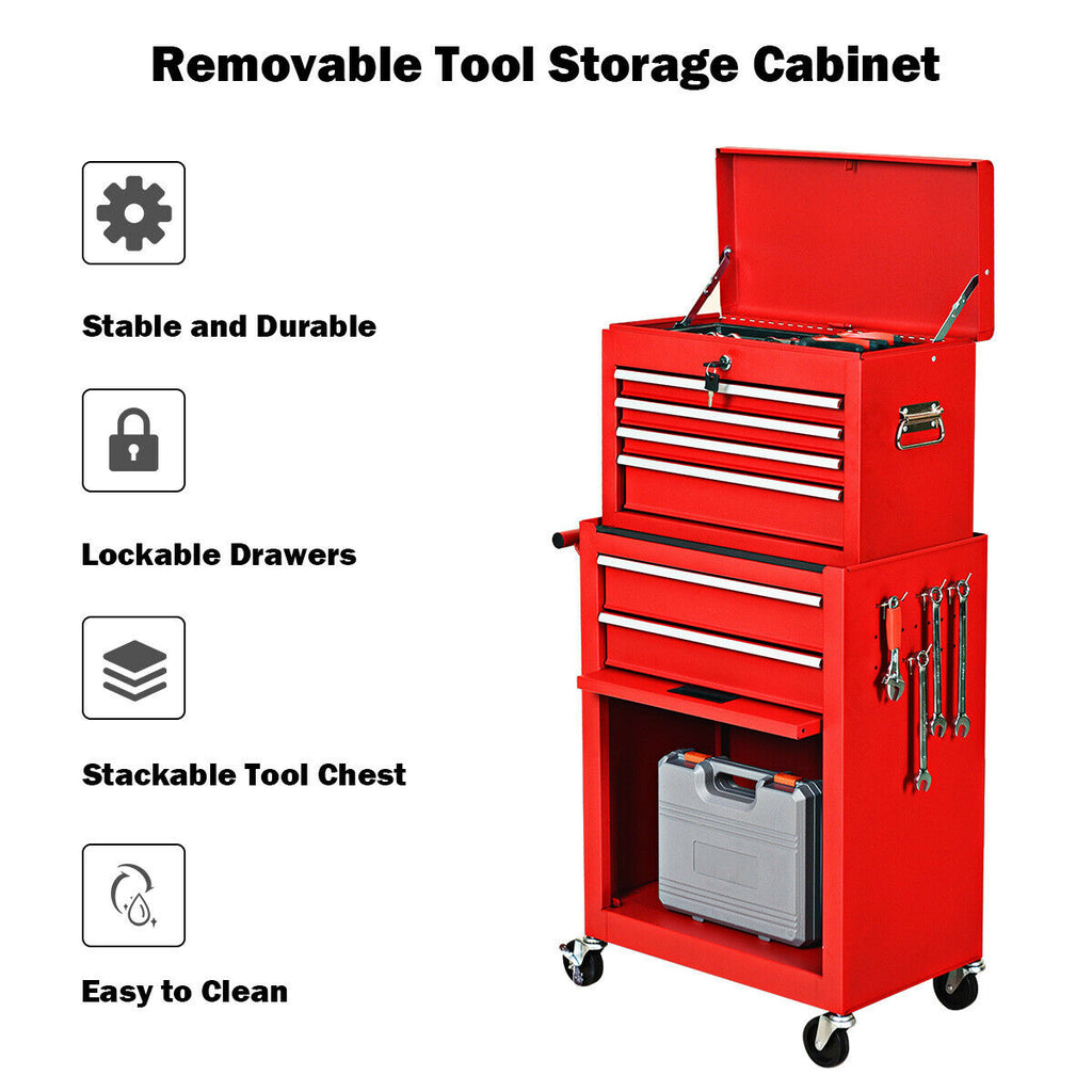 6-Drawer Rolling Tool Cabinet with Lockable Storage, Red