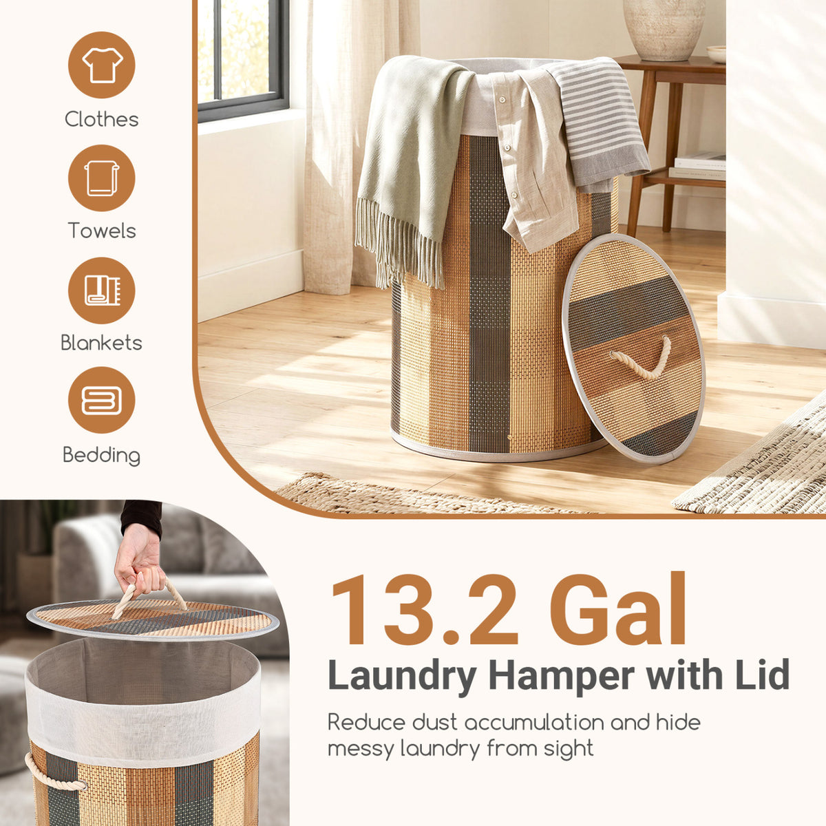 13.2 Gal Laundry Hamper with Removable and Machine-Washable Liner