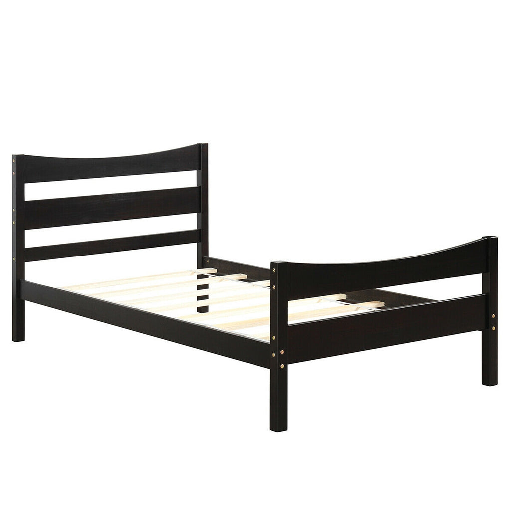 Twin Size Rustic Platform Bed Frame with Headboard - Dark Brown