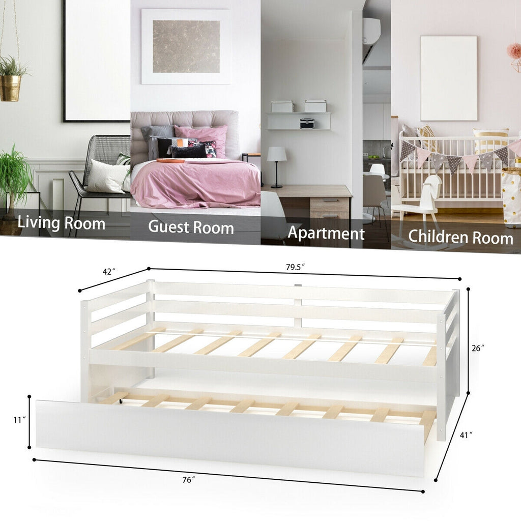 Twin Size Trundle Bed Frame with Wood Slat Support - White