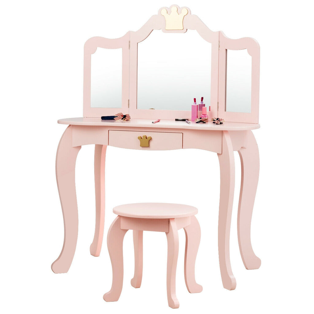 Kids Makeup Dressing Table with Tri-Fold Mirror & Stool - Pink - Costway