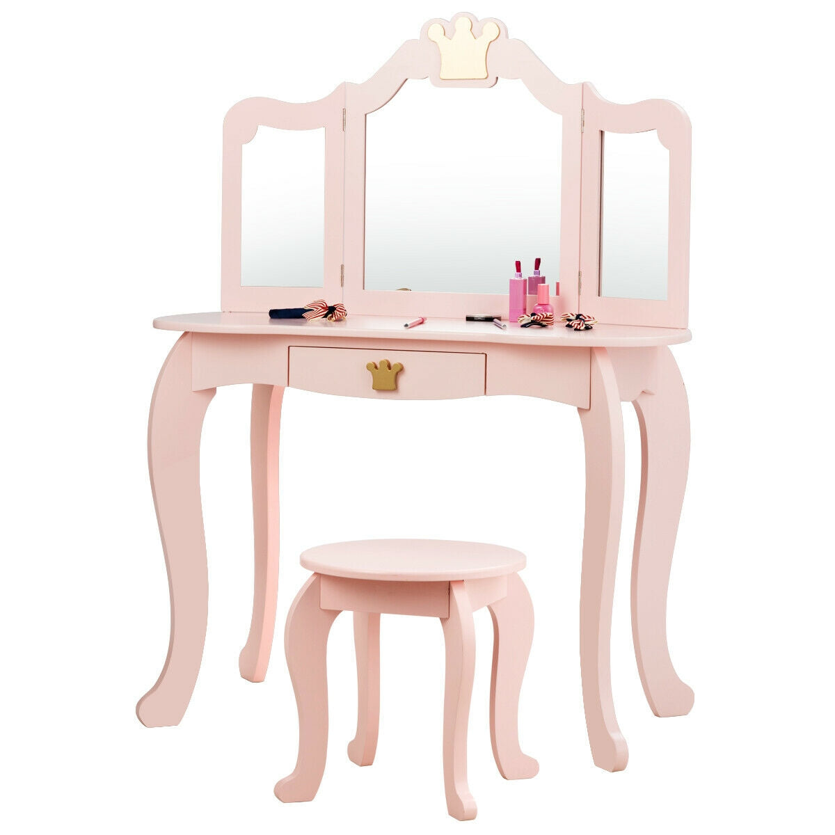 Kids Makeup Dressing Table with Tri-Fold Mirror & Stool - Pink - Costway