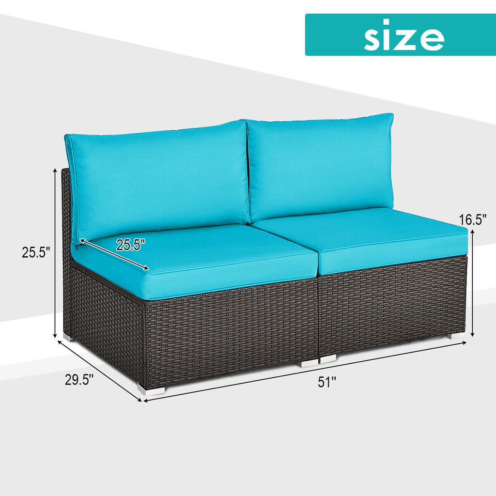 2 Pieces Patio Rattan Armless Sofa Set with Cushions and Pillows
