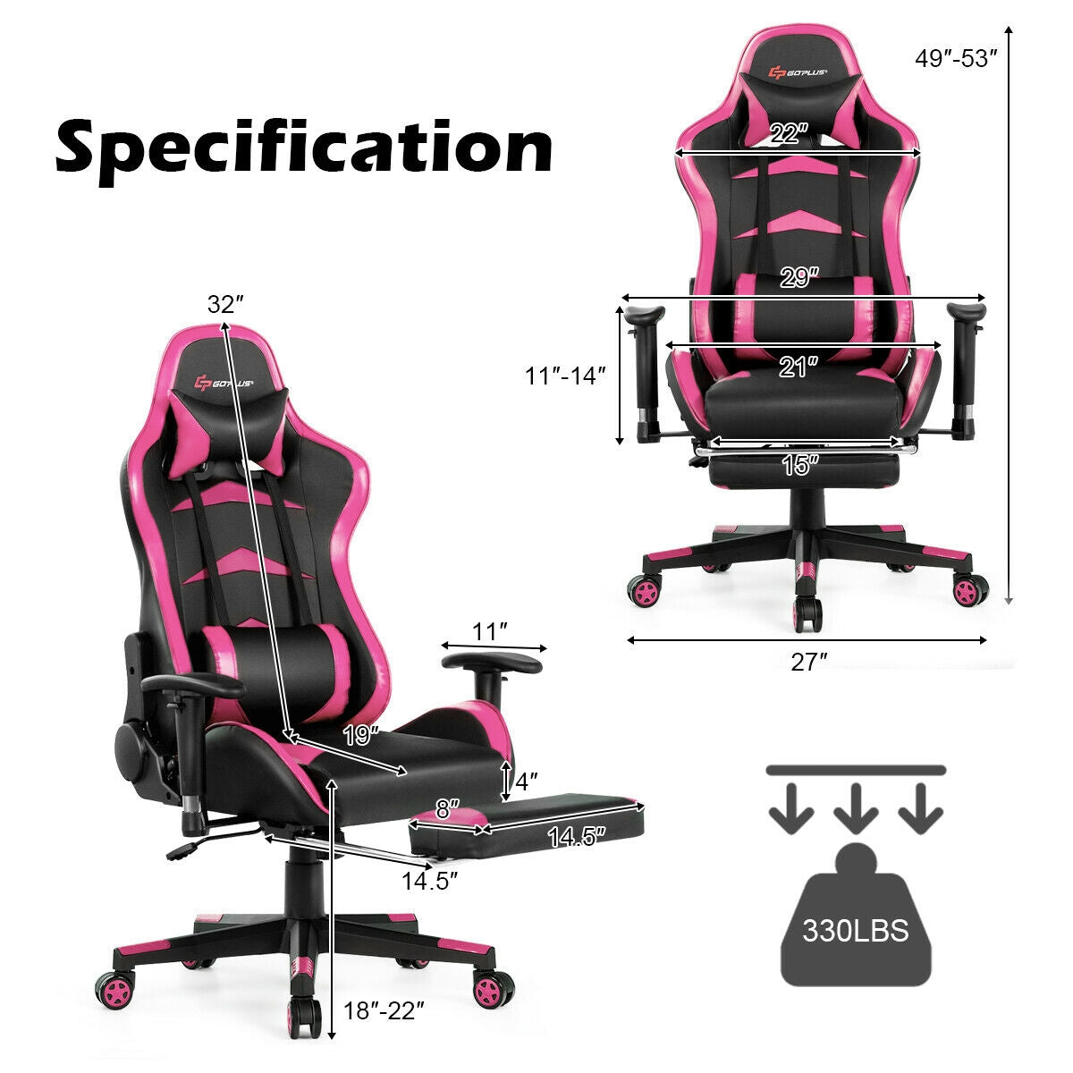 Massage Gaming Chair with Footrest - Pink