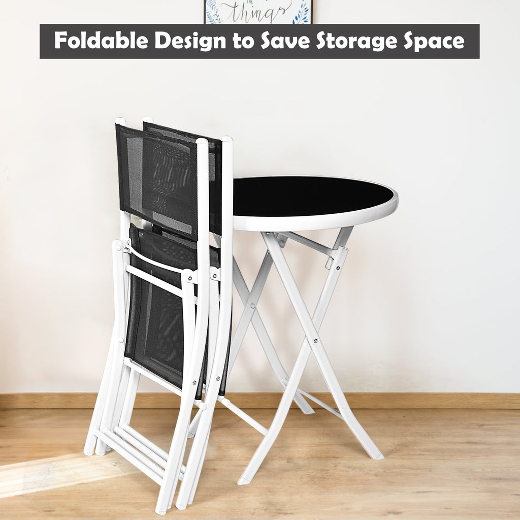 3-Piece Patio Bistro Set with Folding Chairs & Glass Table - Black Textile