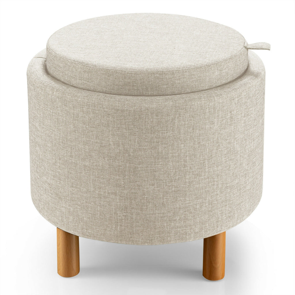 Round Fabric Storage Ottoman with Tray, Gray