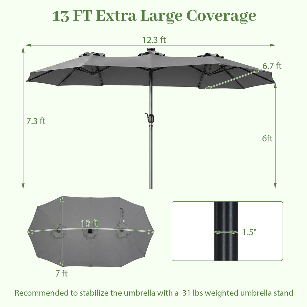 13 FT Double-Sided Patio Umbrella Large Rectangle Market with 36 LED