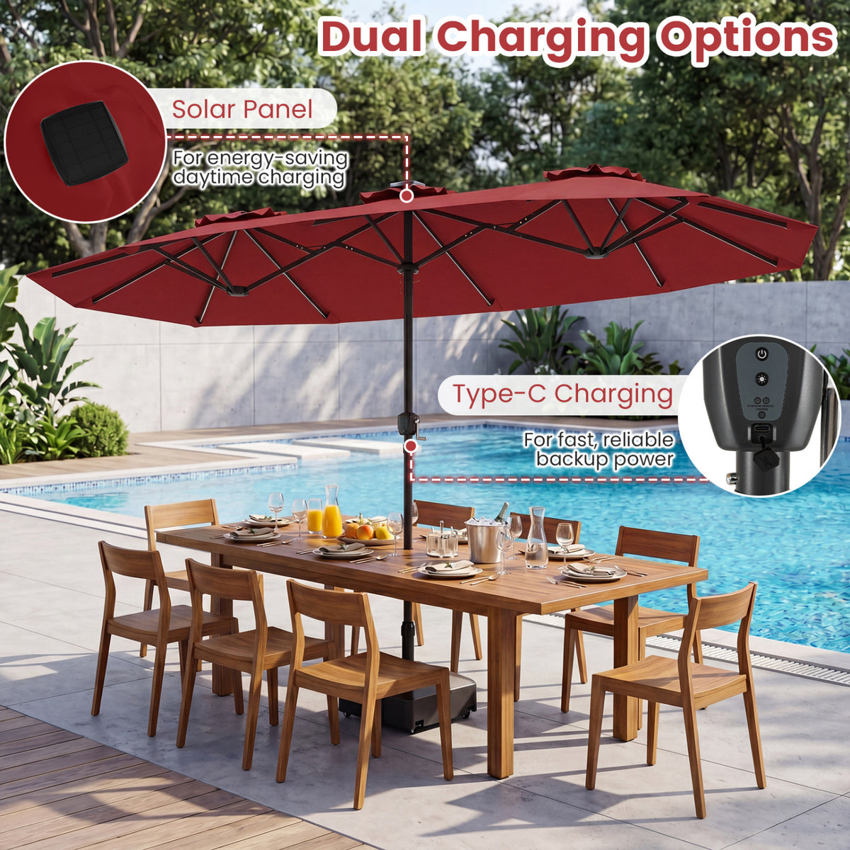 13 FT Double-Sided Patio Umbrella with Color-Changing Flowing Solar