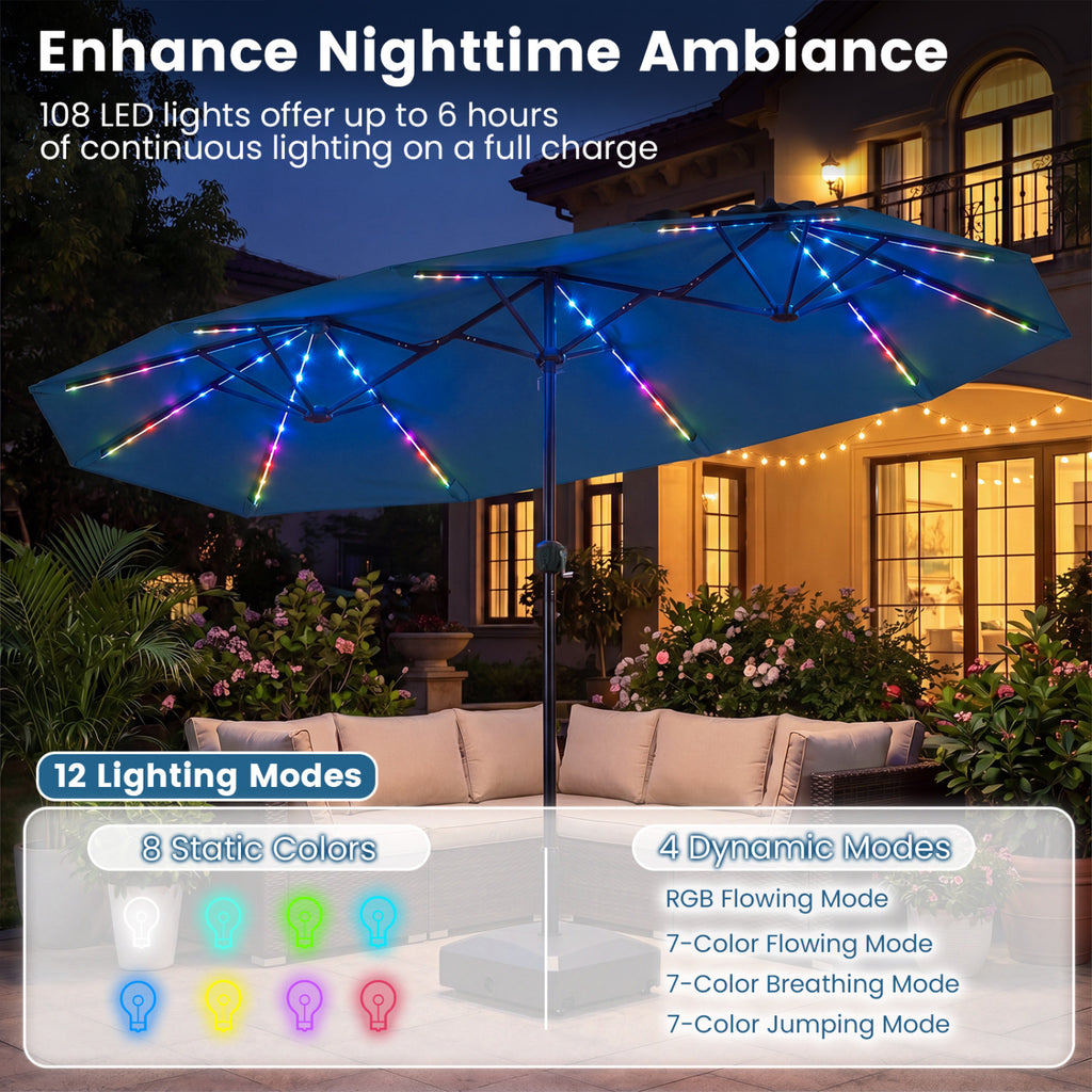 13 FT Double-Sided Patio Umbrella with Color-Changing Flowing Solar