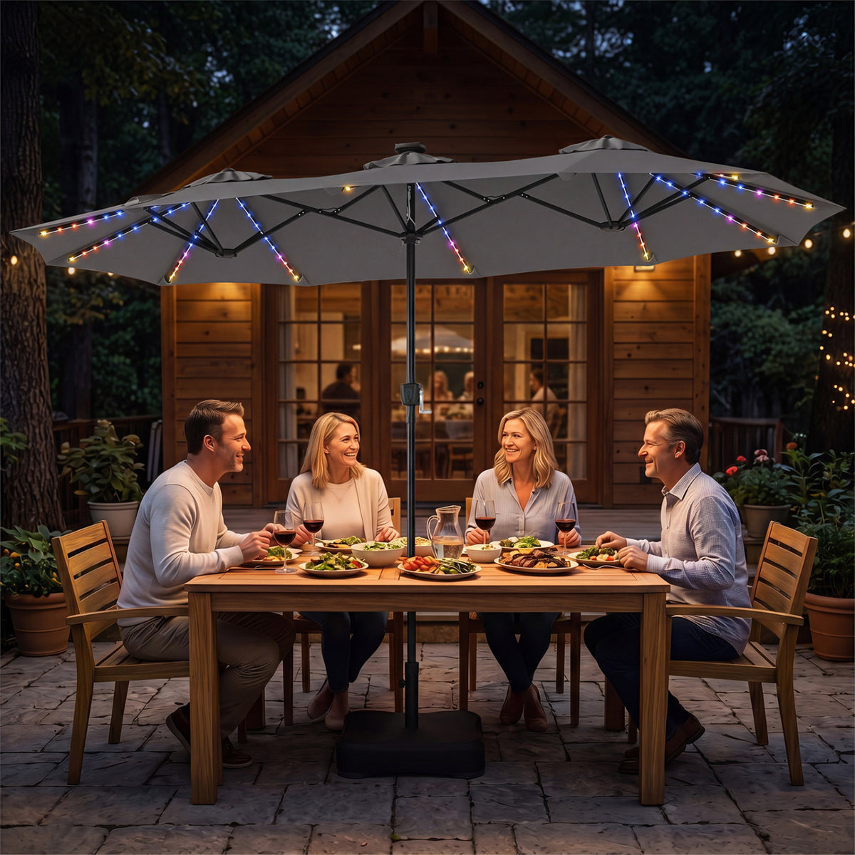13 FT Double-Sided Patio Umbrella with 108 LED Lights and Base