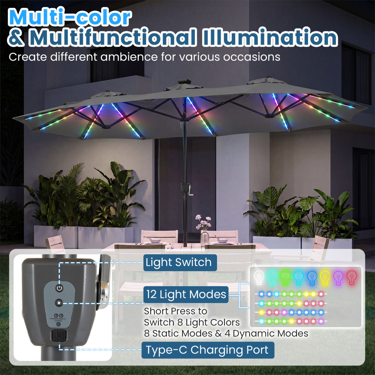 13 FT Double-Sided Patio Umbrella with 108 LED Lights and Base