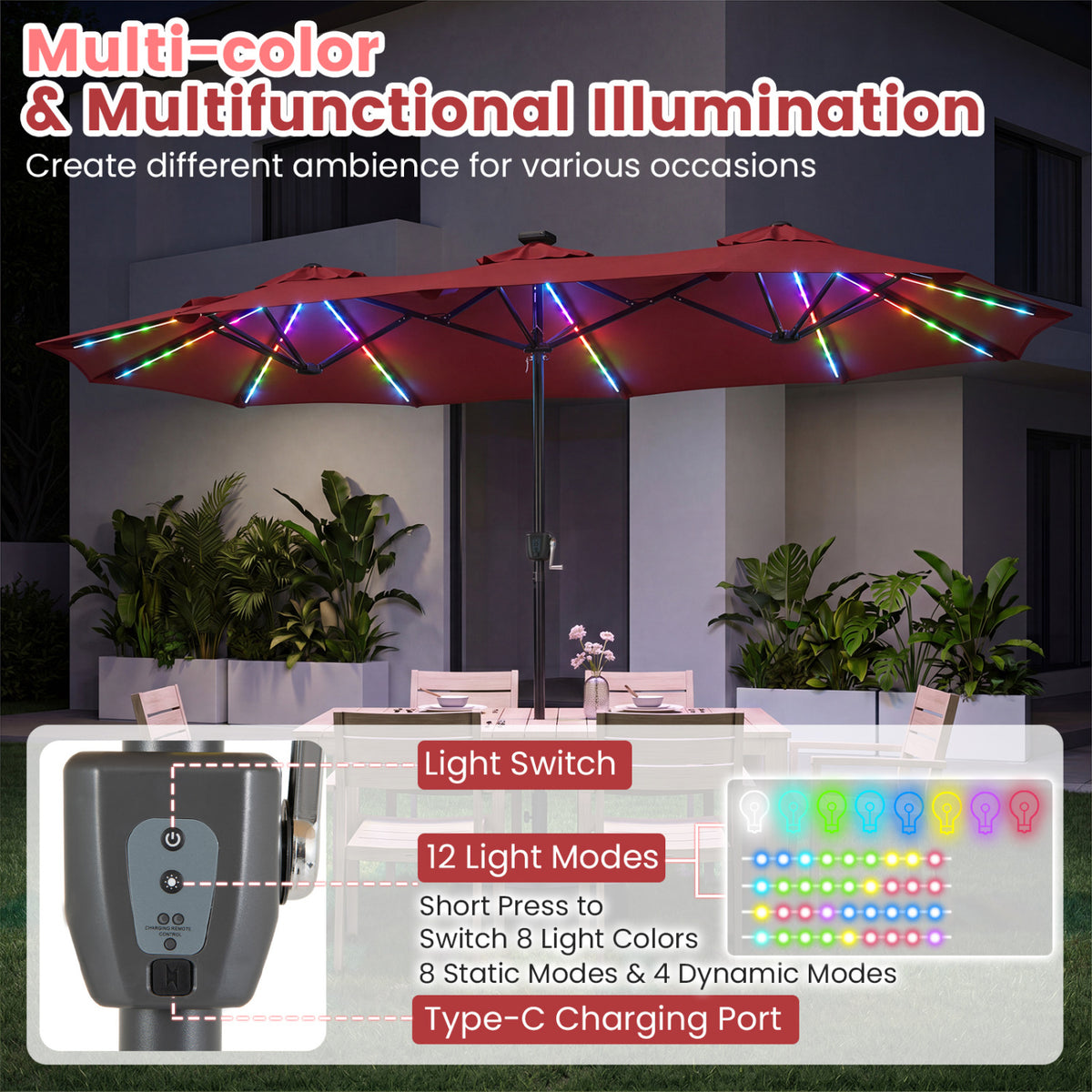 13 FT Double-Sided Patio Umbrella with 108 LED Lights and Base