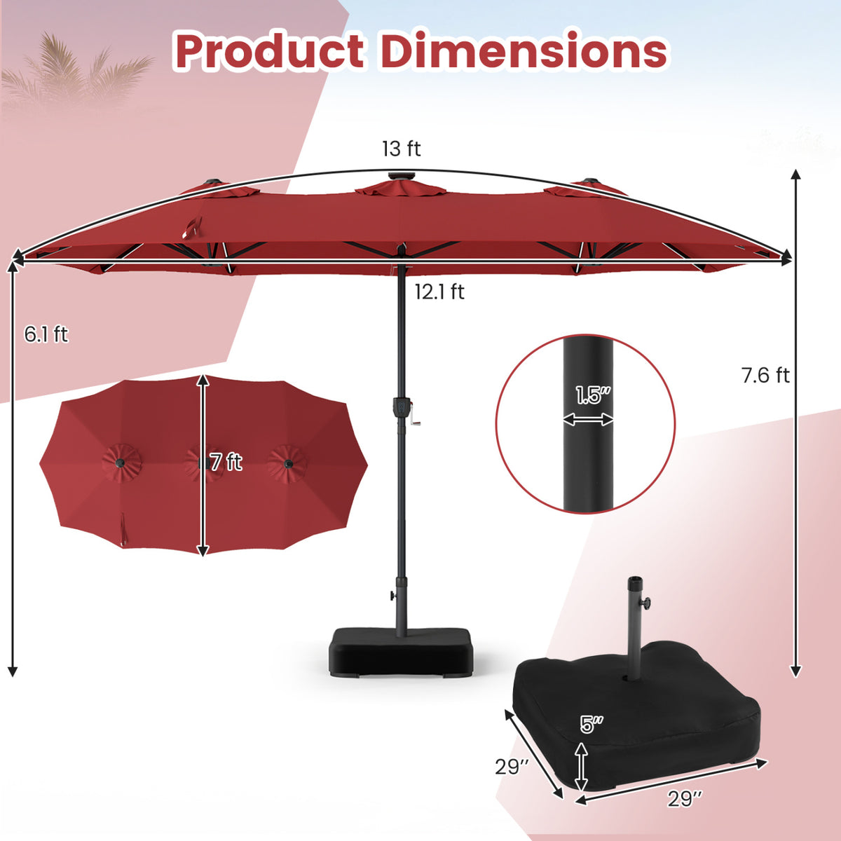 13 FT Double-Sided Patio Umbrella with 108 LED Lights and Base