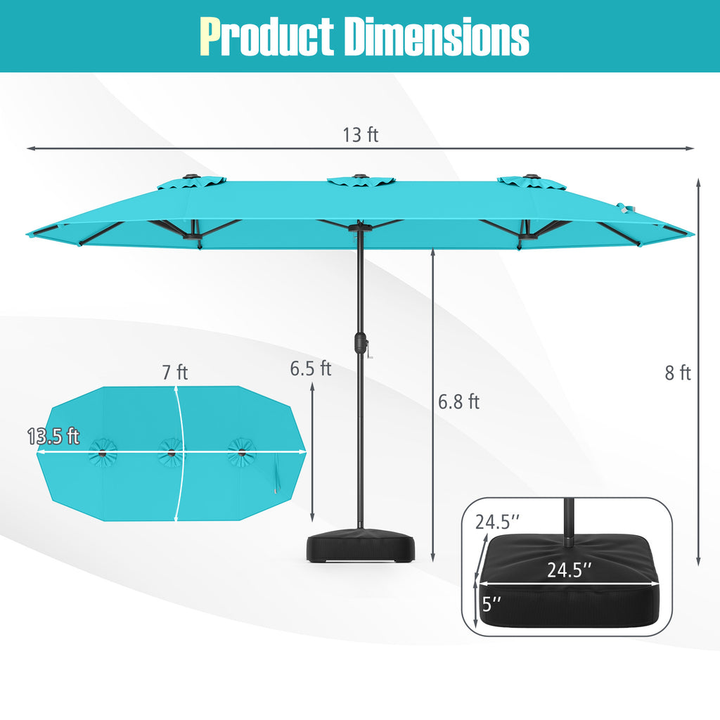 13 Feet Double-Sided Patio Umbrella with Crank Handle - Turquoise