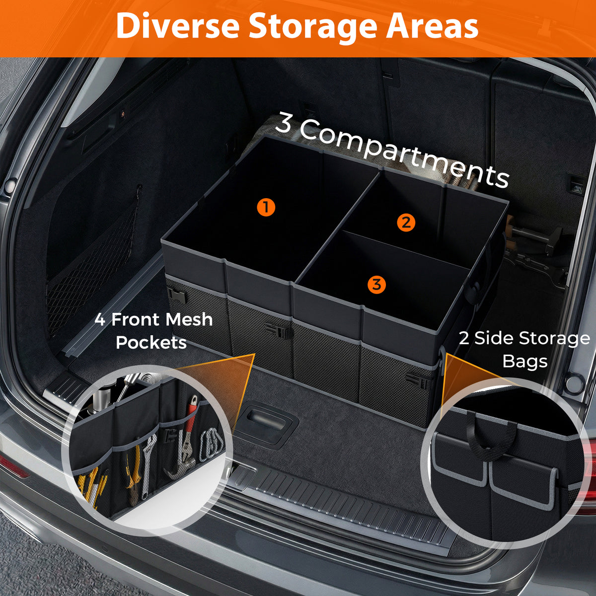 13 Gallon Car Trunk Organizer with Removable Divider and 6 Pockets
