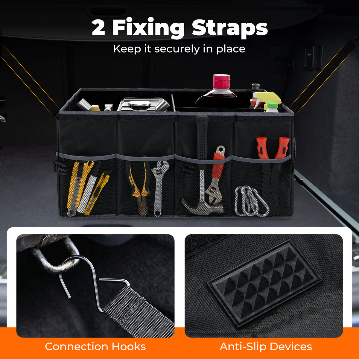 13 Gallon Car Trunk Organizer with Removable Divider and 6 Pockets