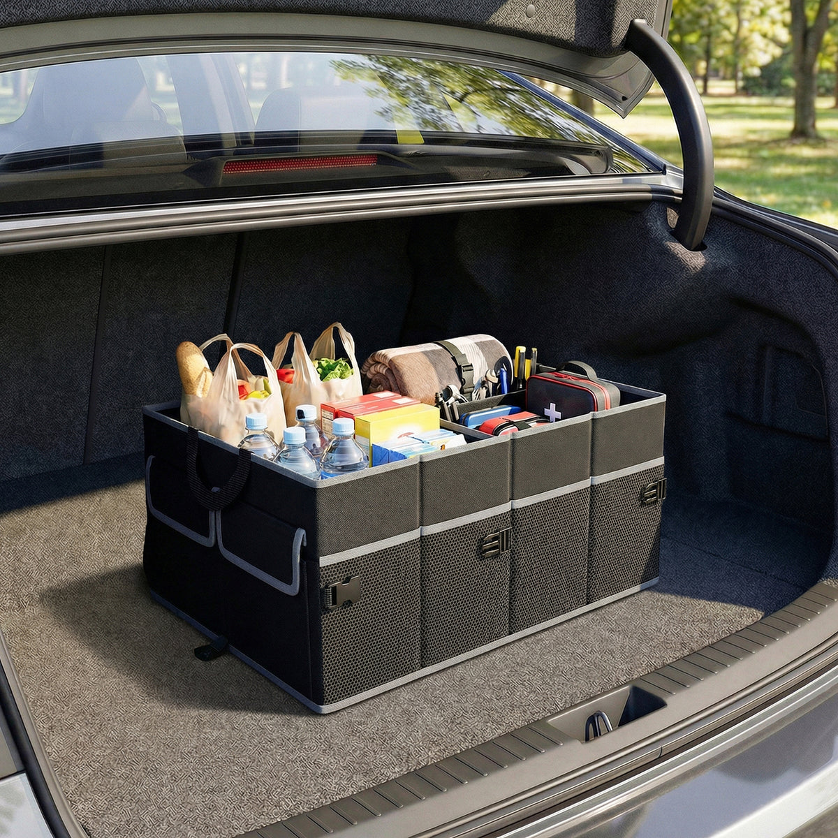 13 Gallon Car Trunk Organizer with Removable Divider and 6 Pockets