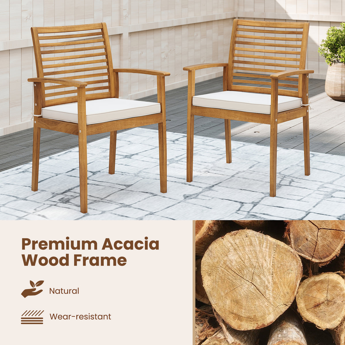 Outdoor Dining Chairs Set of 2 with Padded Cushion - Beige