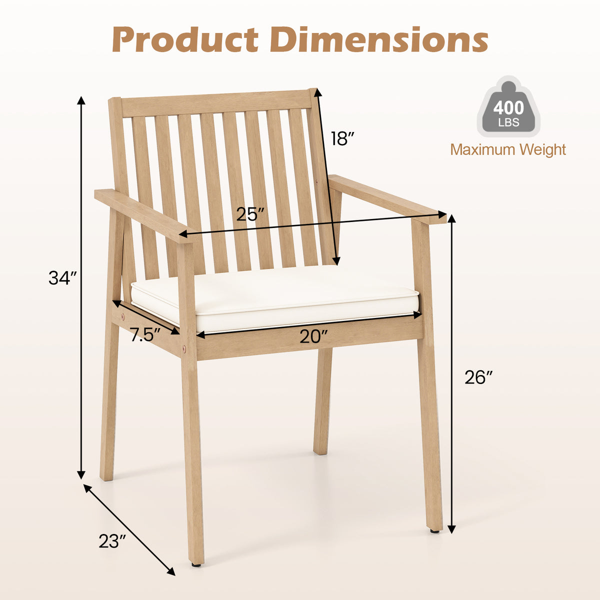 Acacia Wood Patio Dining Chairs with Cushion - Oak, Set of 2