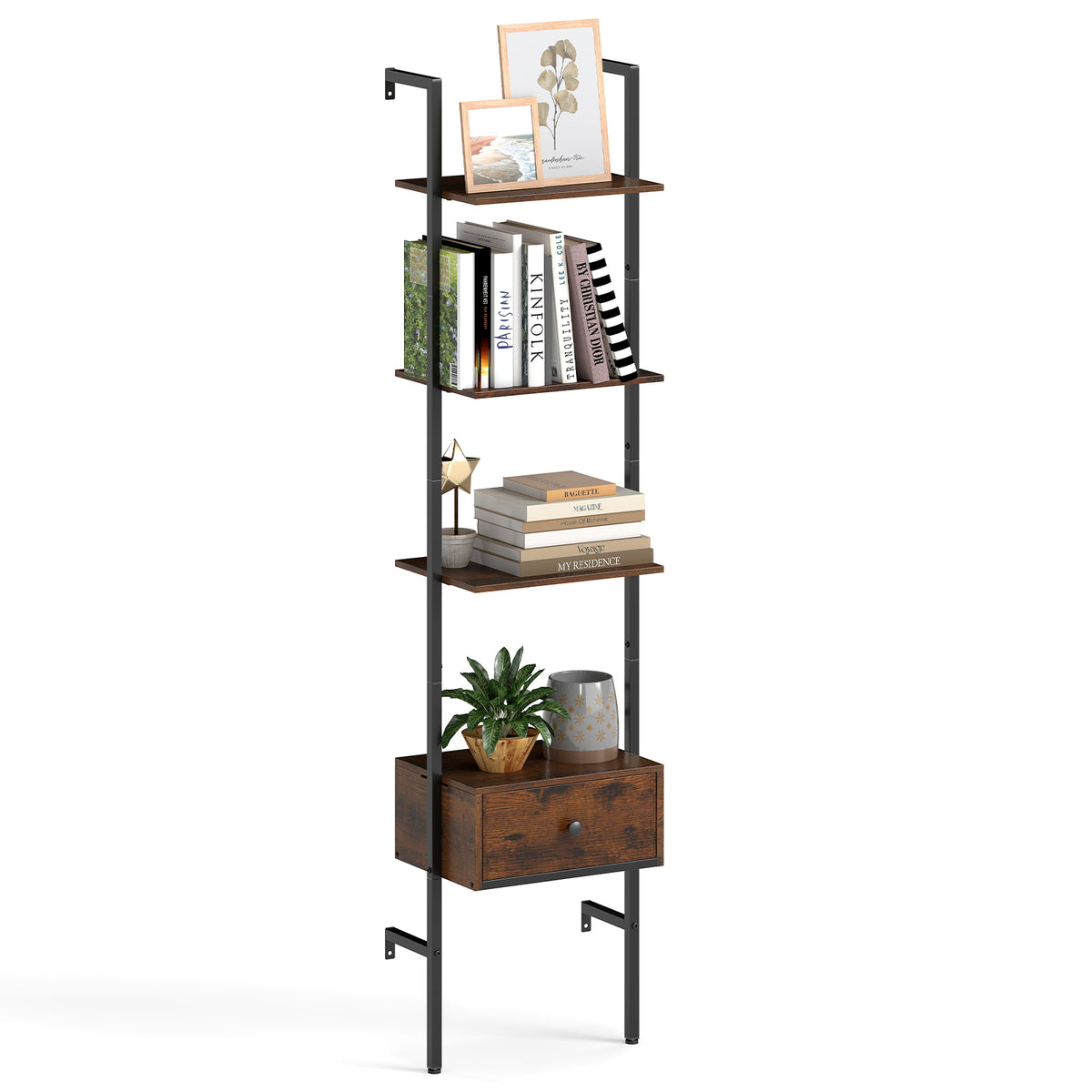 5-Tier Ladder Bookcase with Drawer & Metal Frame - Rustic Brown