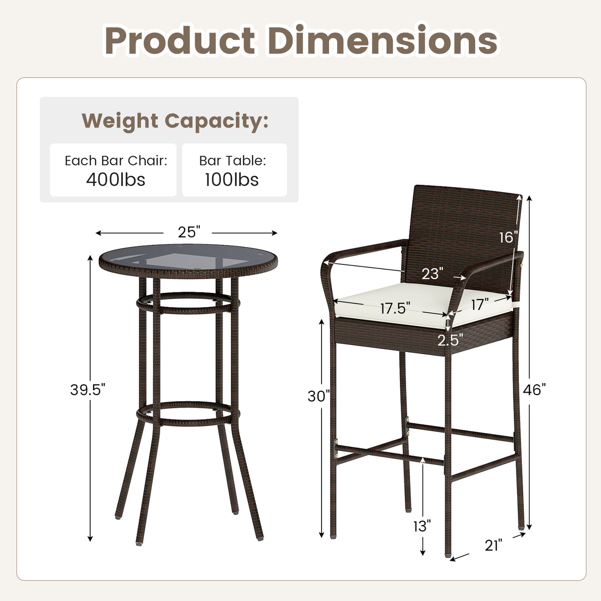 Patio Rattan Bar Height Table and Chairs with 2 Seat Cushions for