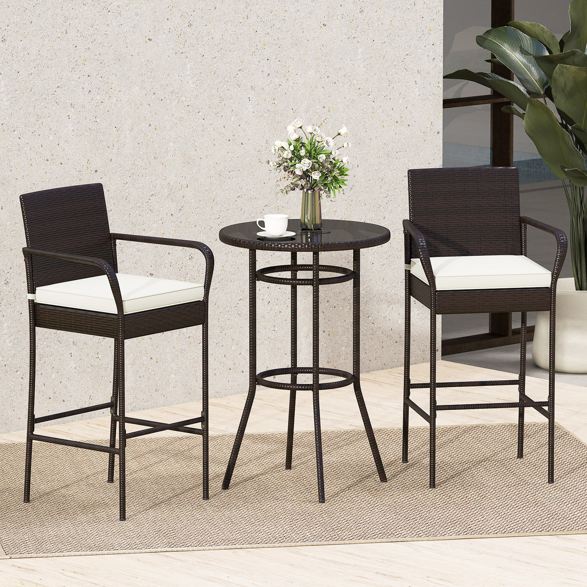 Patio Rattan Bar Height Table and Chairs with 2 Seat Cushions for