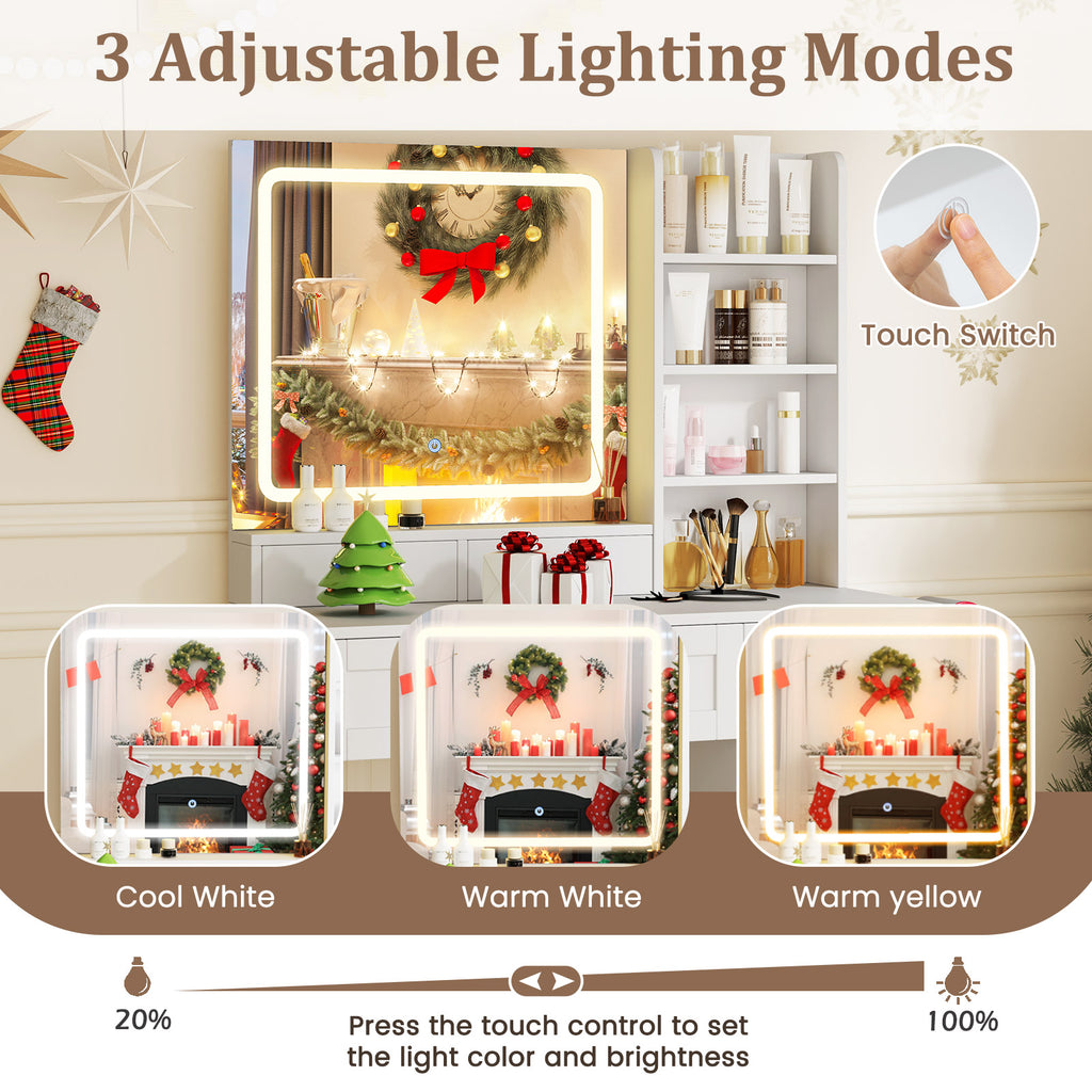 Makeup Vanity Set with Mirror, 3-Color Lighting & Stool – White