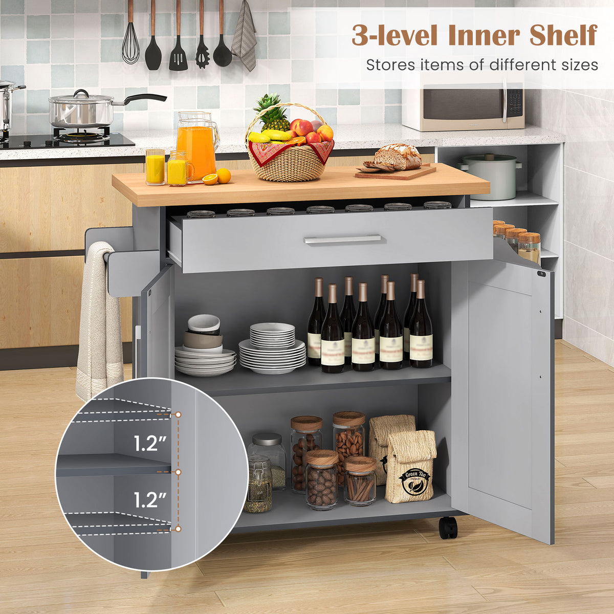 Rolling Kitchen Island Cart with Towel Rack - Gray