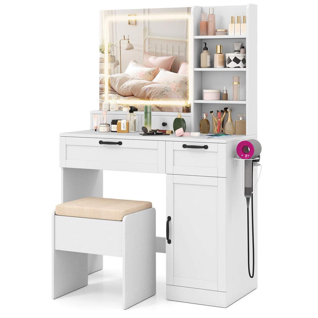 Makeup Vanity Set with Mirror, 3-Color Lighting & Stool – White