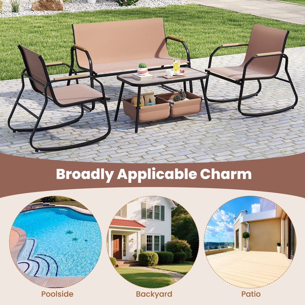 4-Piece Patio Rocking Chair Set with Coffee Table - Coffee