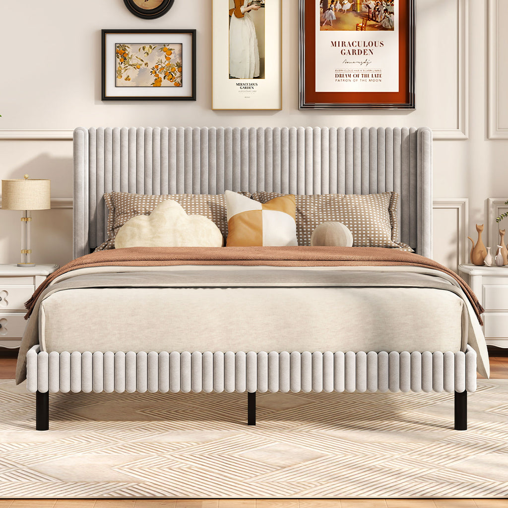 Queen Size Velvet Bed Frame with Wingback Headboard - White