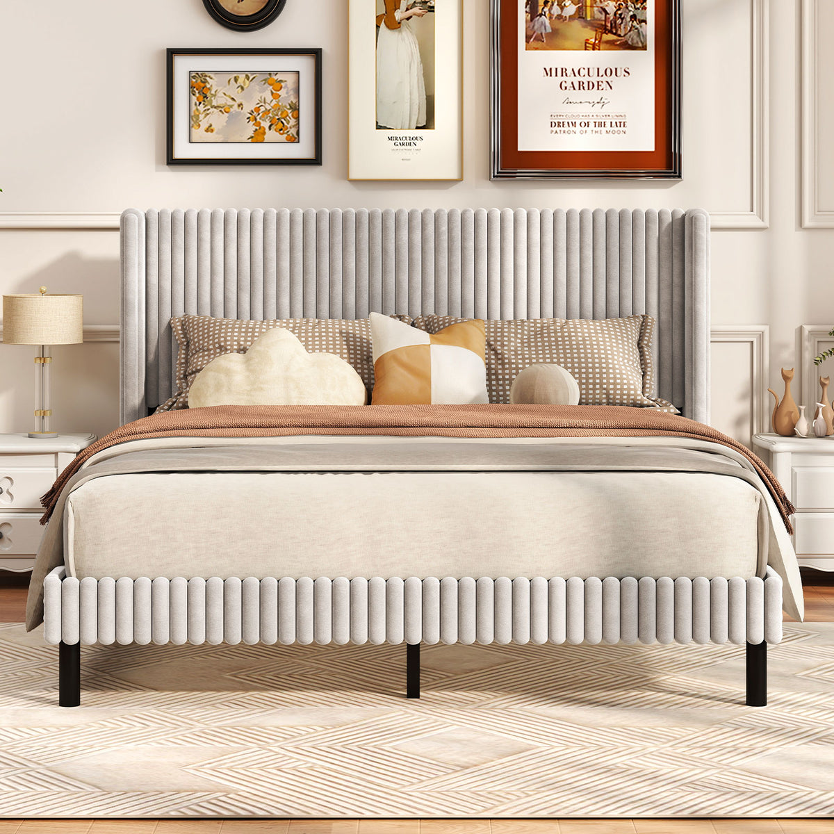 Queen Size Velvet Bed Frame with Wingback Headboard - White