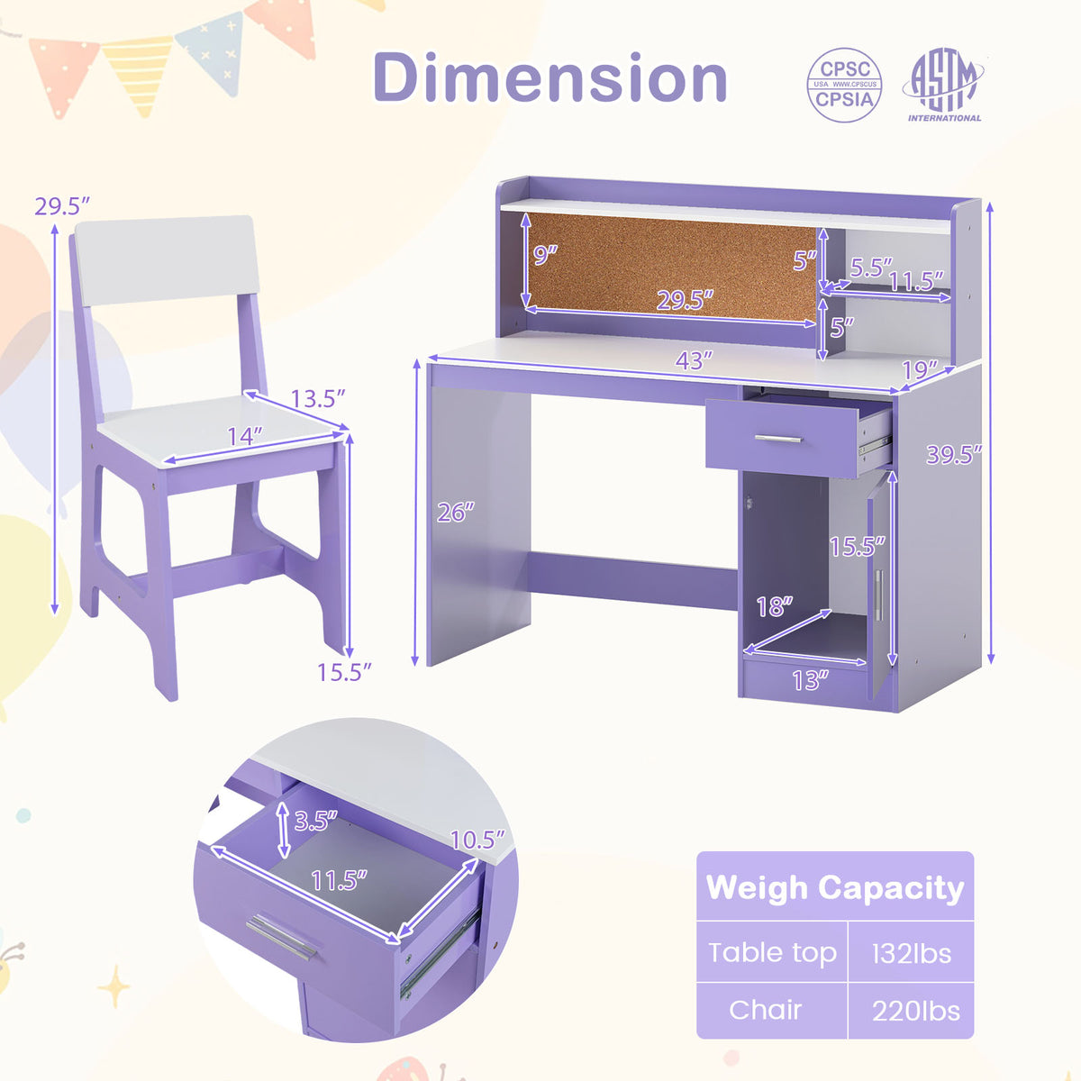 Kids Activity Study Desk and Chair Set, Purple - Childrens Learning Table with Shelves & Cork Board