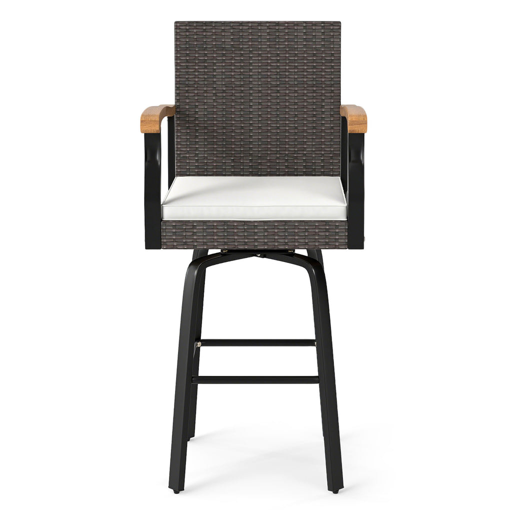 Outdoor 360° Swivel Bar Stool with Cushion, Acacia Wood Armrests - Style 2