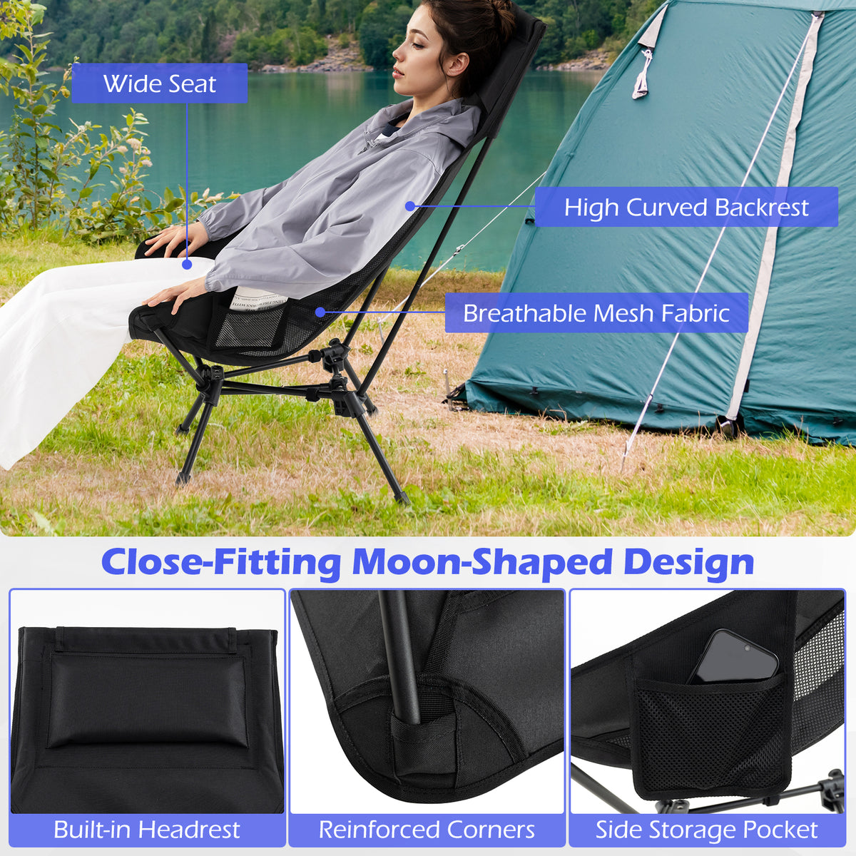 High Back Portable Camping Chair with Compact Carry Bag and Pillow