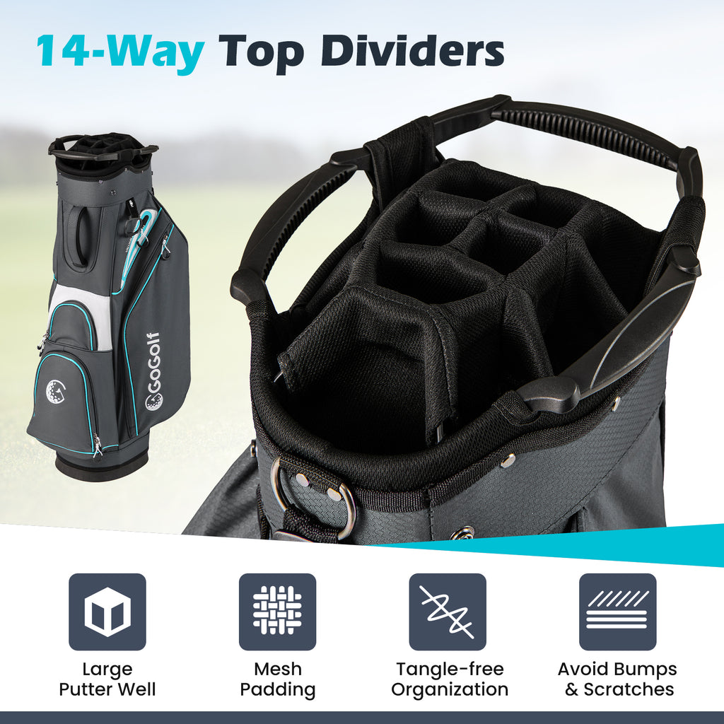 Lightweight Portable Golf Cart Bag with 14 Dividers & Multiple Pockets - Gray