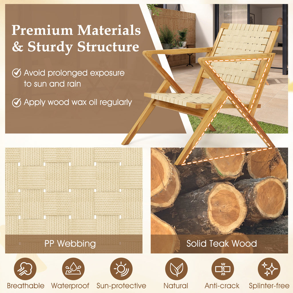 Outdoor and Indoor Teak Wood Patio Chair wuth Webbing Seat Backrest