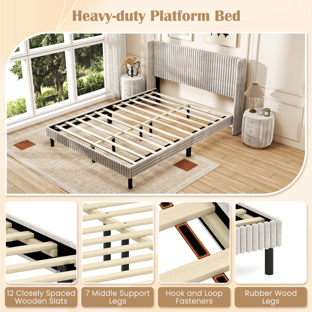 Queen Size Velvet Bed Frame with Wingback Headboard - White