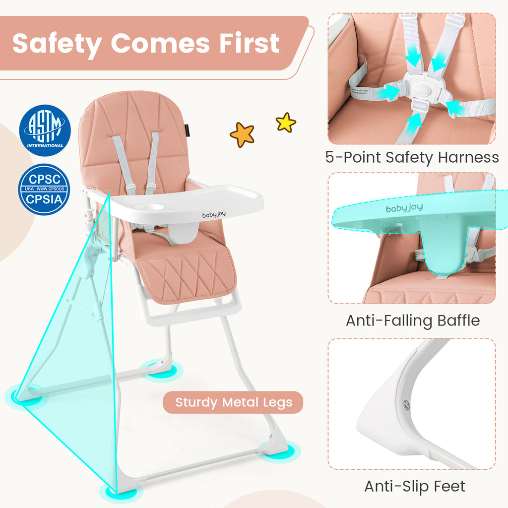 Pink Compact Highchair with Removable Tray & Safety Harness - Easy Clean & Space Saving