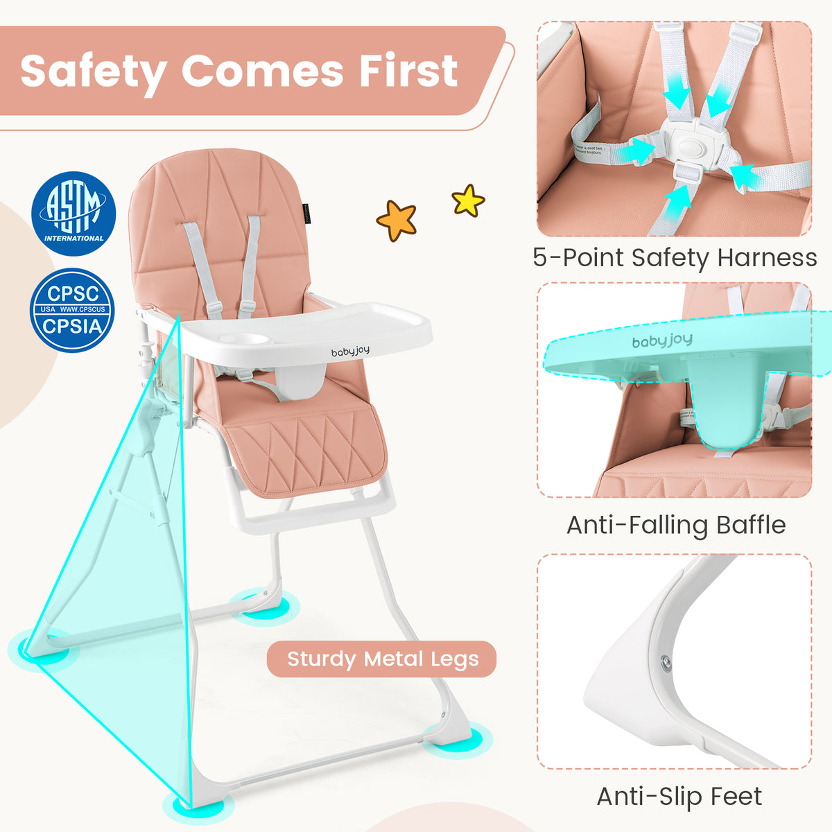 Pink Compact Highchair with Removable Tray & Safety Harness - Easy Clean & Space Saving
