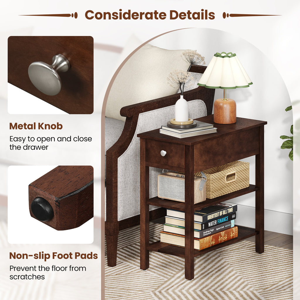 3-Tier Narrow End Table with Drawer, Walnut
