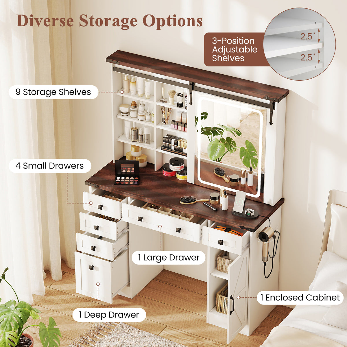 Farmhouse Vanity Desk with Sliding Mirror & 3 Lighting Modes, White