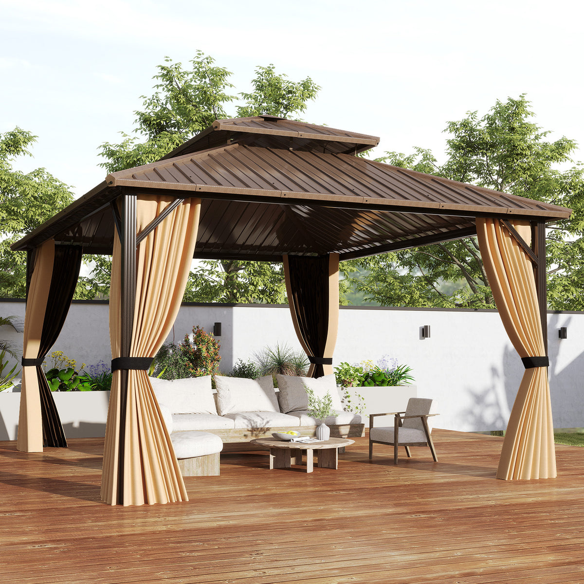 14 x 12 FT Hardtop Gazebo with Mesh Netting - Coffee