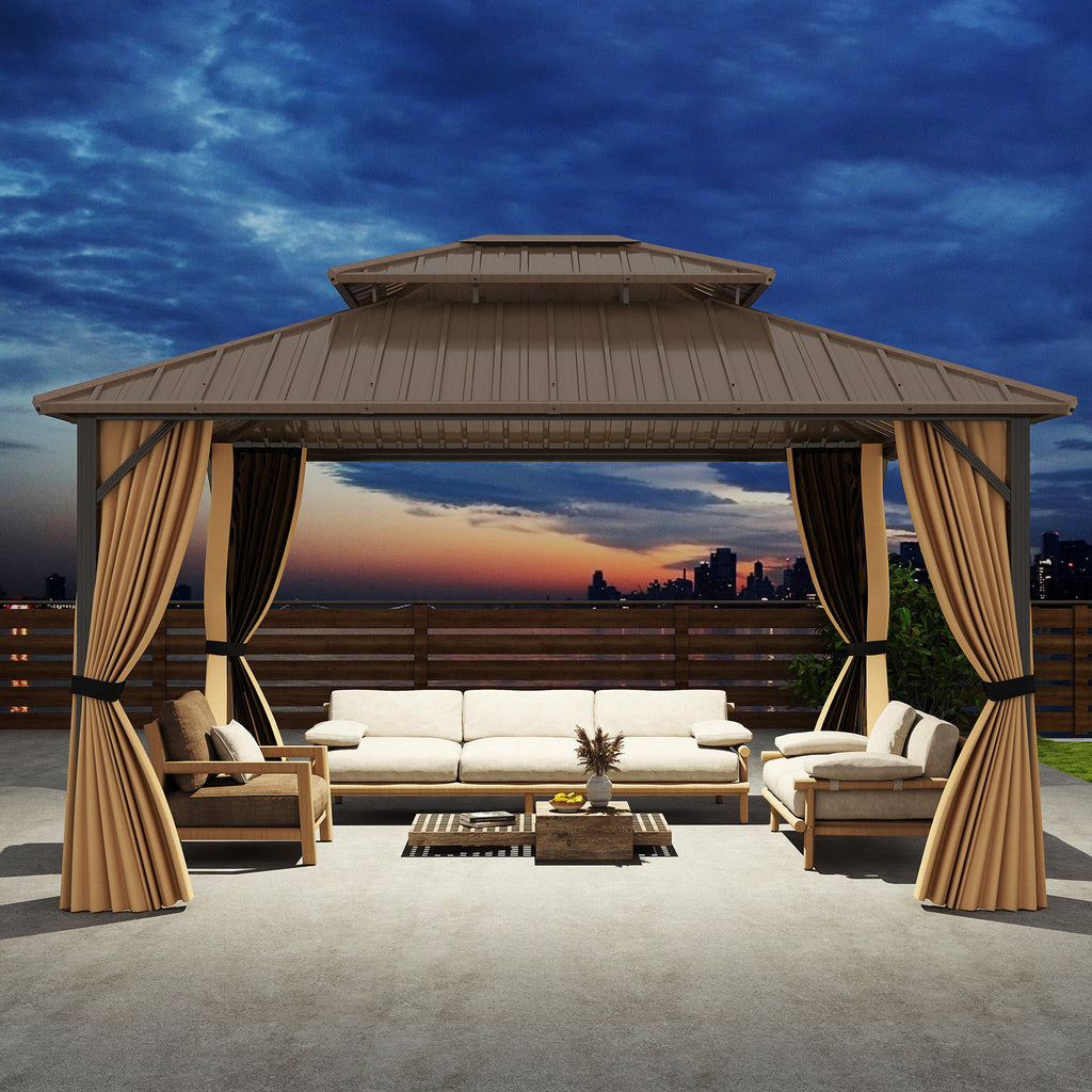 14 x 12 FT Hardtop Gazebo with Mesh Netting - Coffee