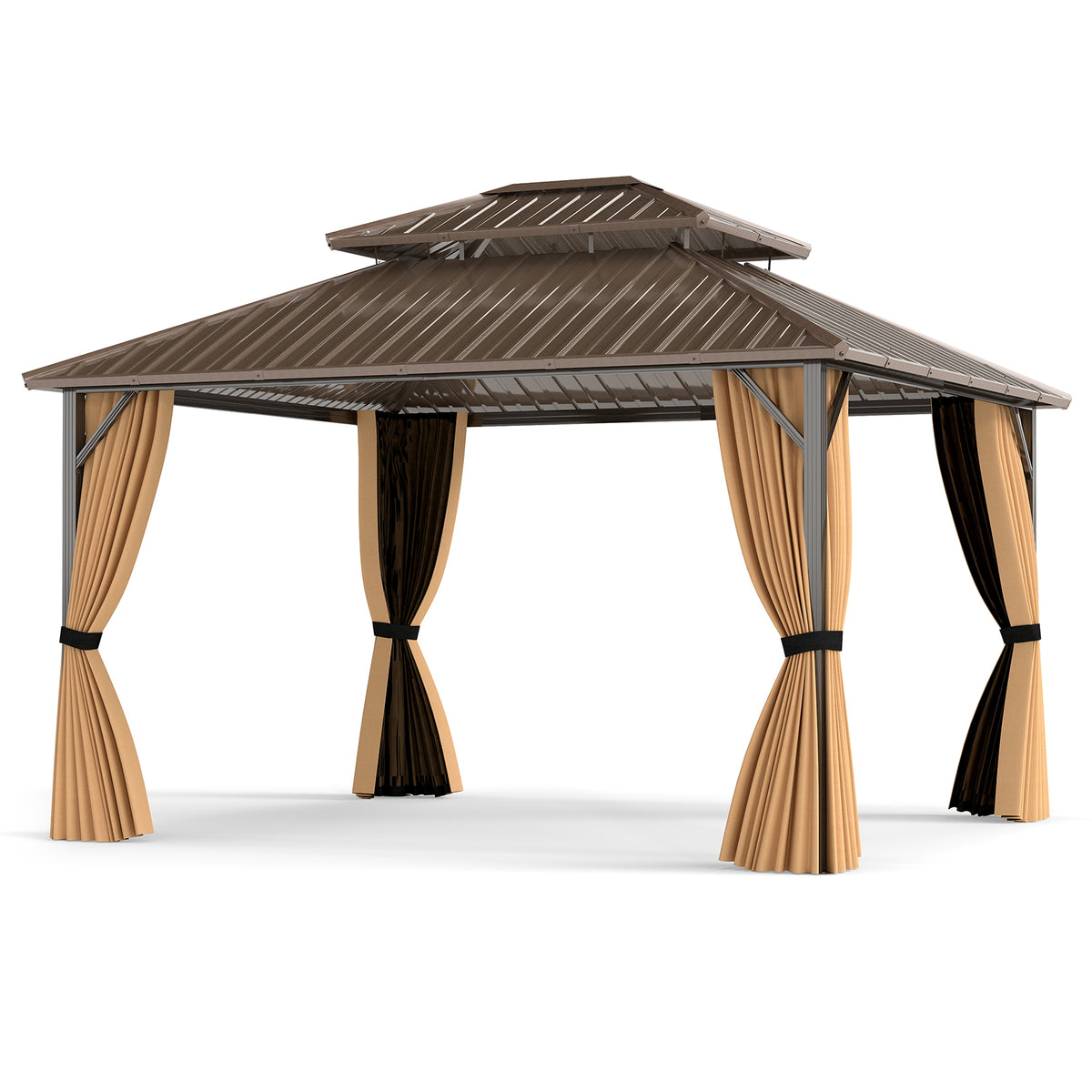 14 x 12 FT Hardtop Gazebo with Mesh Netting - Coffee