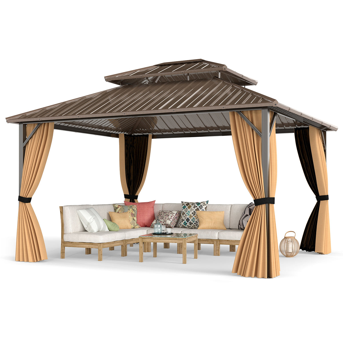 14 x 12 FT Hardtop Gazebo with Mesh Netting - Coffee